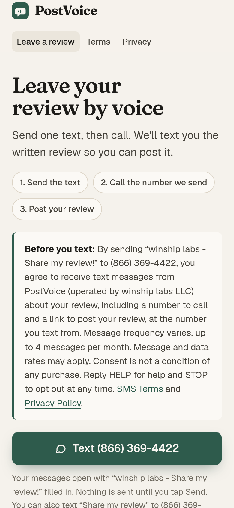 PostVoice mobile sign-up page with the consent disclosure and a text button