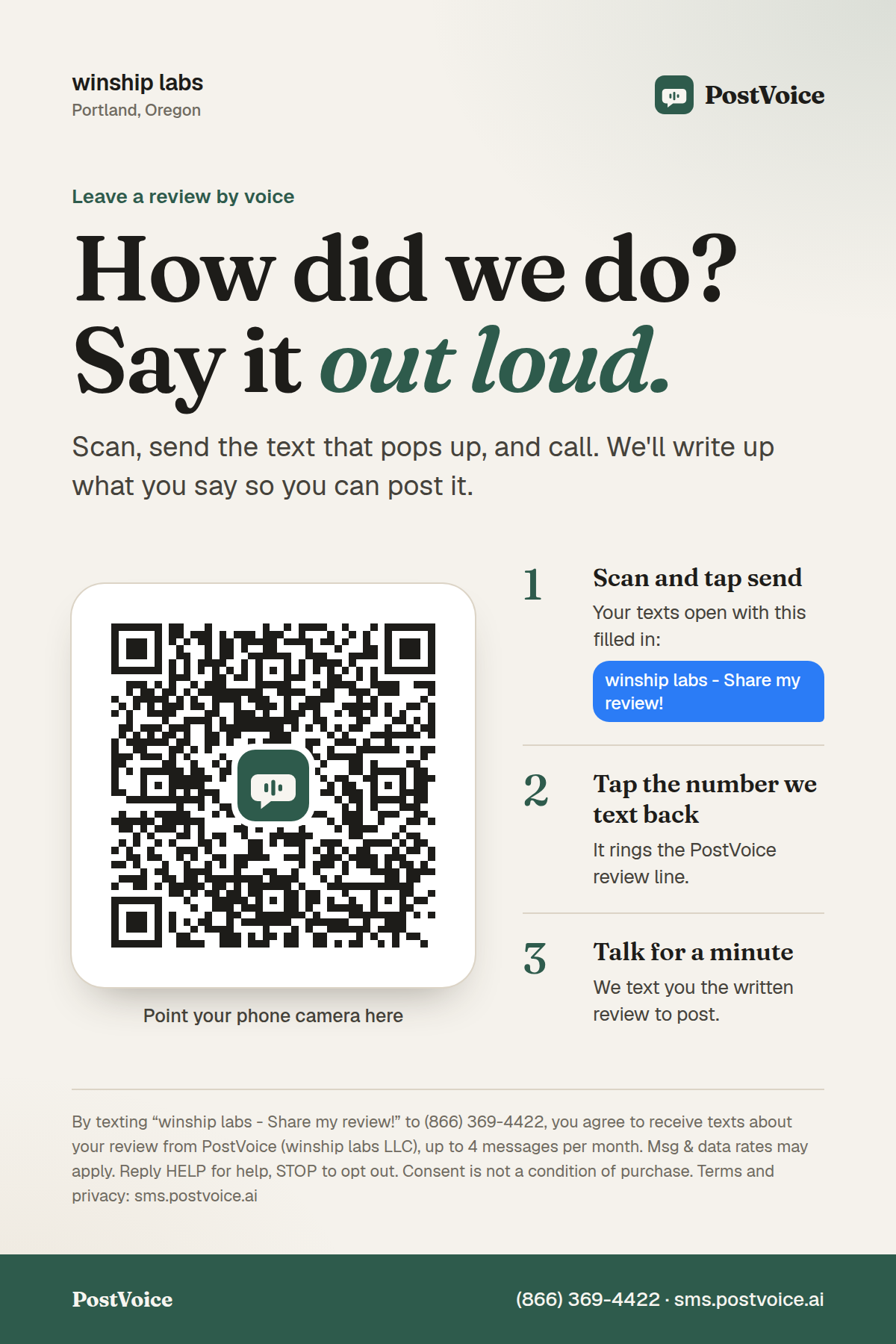 winship labs counter card with the PostVoice QR code and program details
