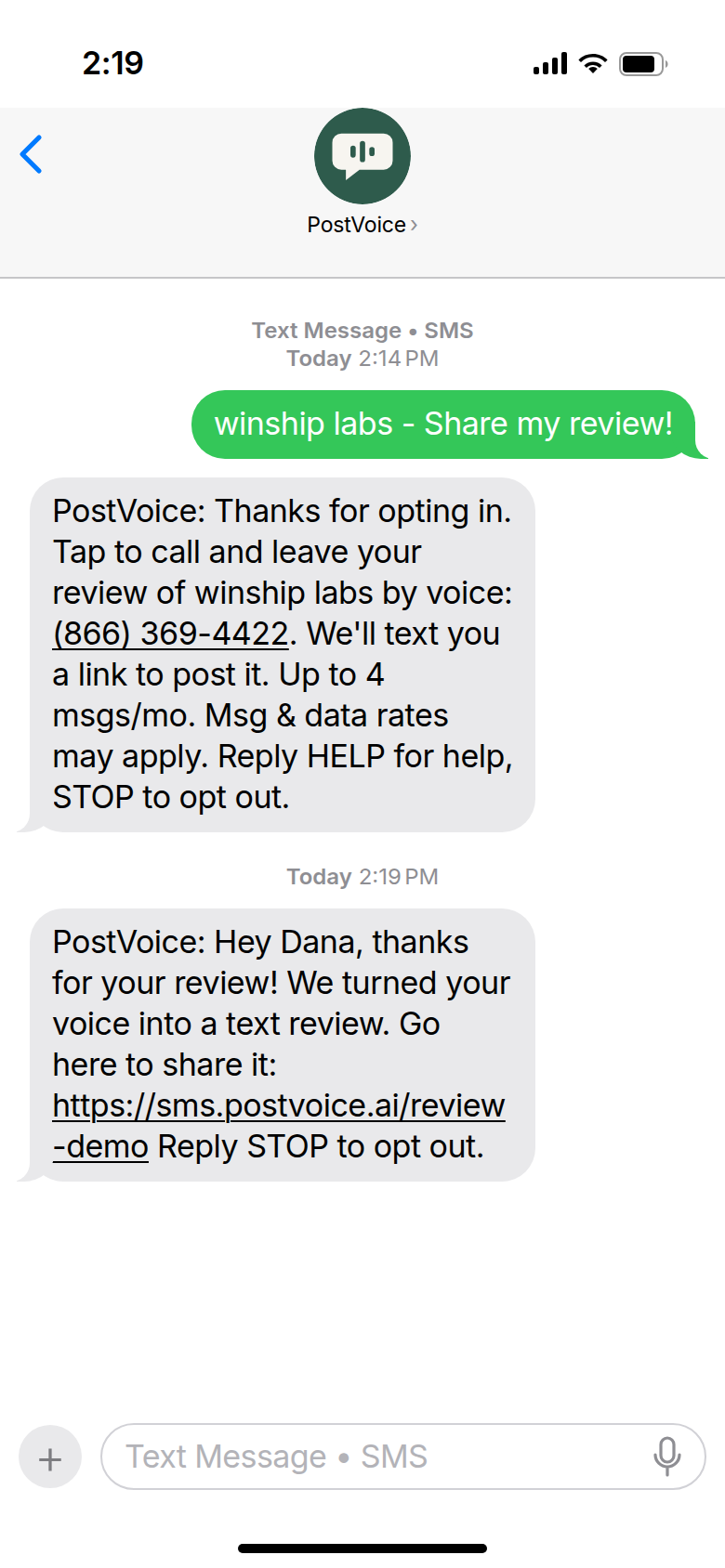 Text thread showing the pre-filled opt-in message, the confirmation, and the review link